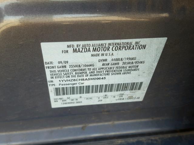 1YVHZ8CH8A5M09645 - 2010 MAZDA 6 I GRAY photo 10