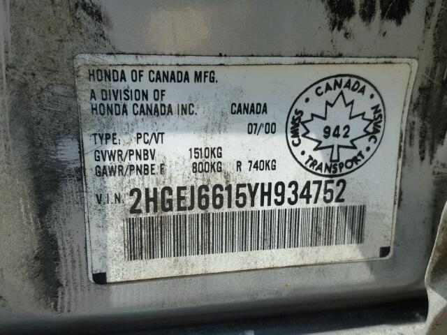 2HGEJ6615YH934752 - 2000 HONDA CIVIC BASE SILVER photo 10