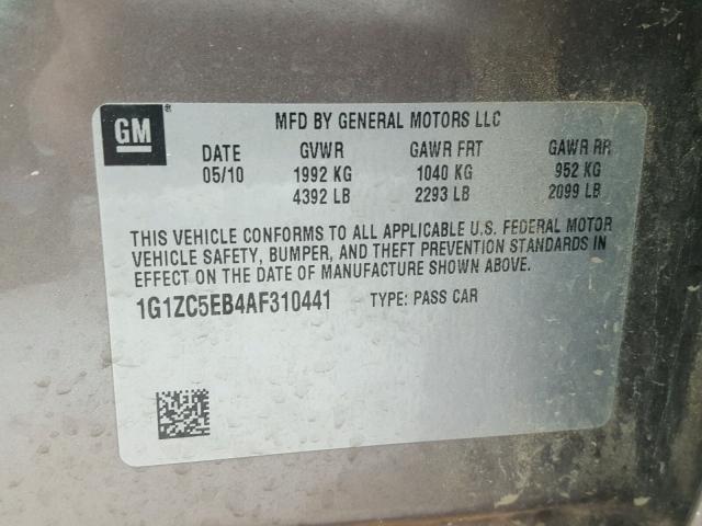 1G1ZC5EB4AF310441 - 2010 CHEVROLET MALIBU 1LT 灰色 照片 10