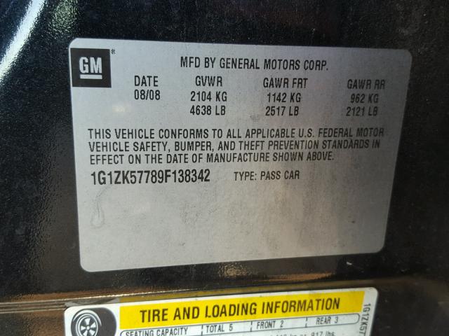 1G1ZK57789F138342 - 2009 CHEVROLET MALIBU LTZ 黑色 照片 10