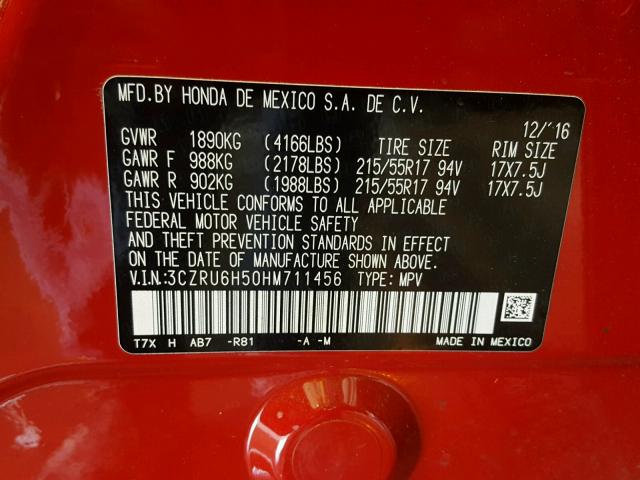 3CZRU6H50HM711456 - 2017 HONDA HR-V EX RED photo 10