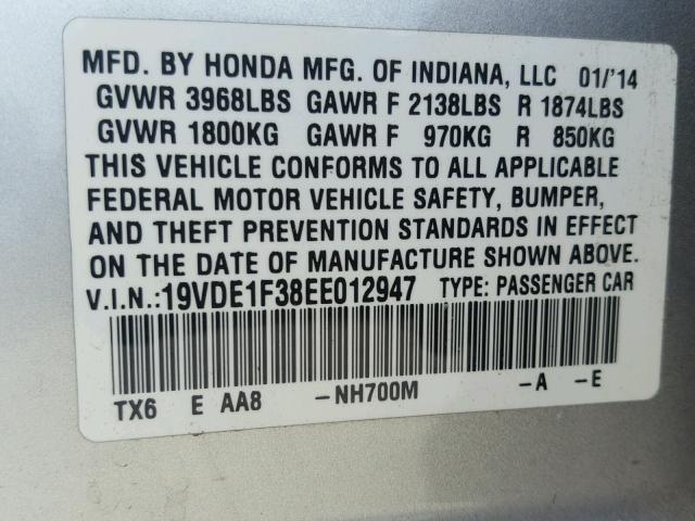 19VDE1F38EE012947 - 2014 ACURA ILX 20 SILVER photo 10