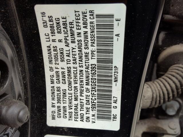 19XFC1F3XGE016393 - 2016 HONDA CIVIC EX შავი ფოტო 10