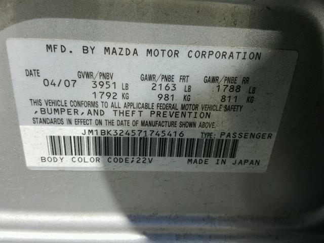 JM1BK324571745416 - 2007 MAZDA 3 S SILVER photo 10