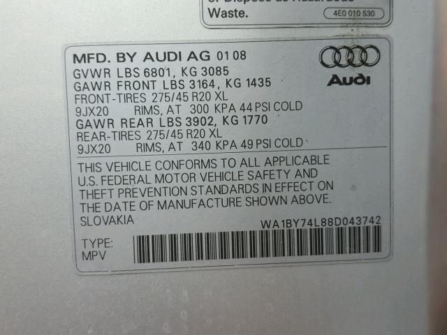 WA1BY74L88D043742 - 2008 AUDI Q7 3.6 QUA SILVER photo 10