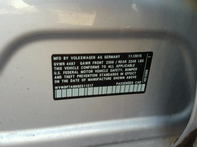 WVWBP7AN8GE511217 - 2016 VOLKSWAGEN CC BASE SILVER photo 10
