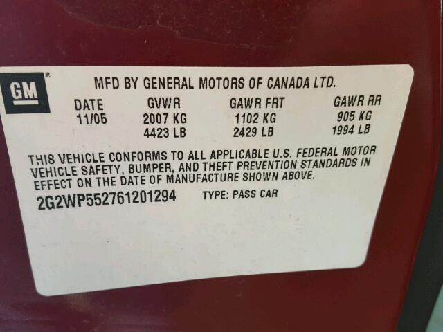 2G2WP552761201294 - 2006 PONTIAC GRAND PRIX MAROON photo 10