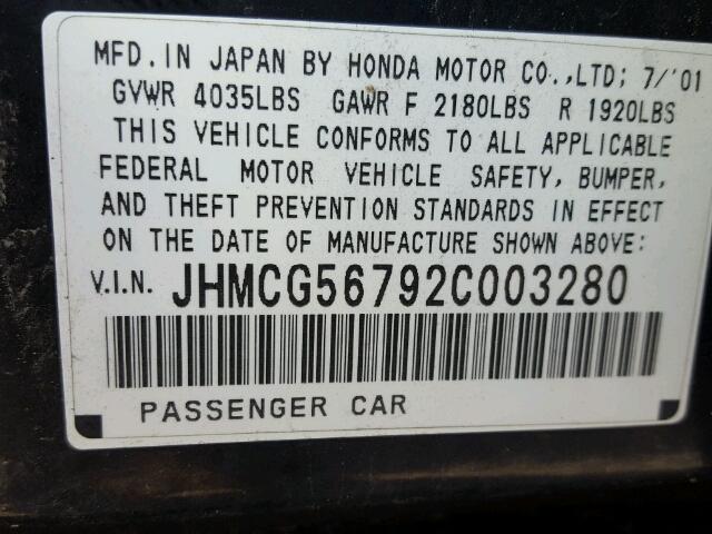 JHMCG56792C003280 - 2002 HONDA ACCORD SE BLACK photo 10