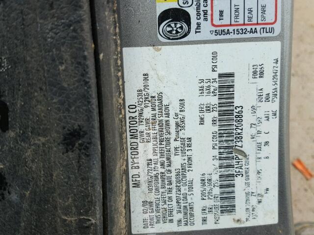 3FAHP07Z38R208863 - 2008 FORD FUSION SE GRAY photo 10