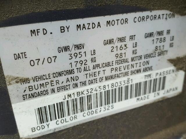 JM1BK324581803381 - 2008 MAZDA 3 S GRAY photo 10