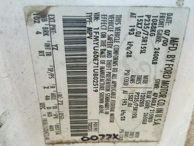 1FMYU60E71UB02519 - 2001 FORD EXPLORER S WHITE photo 10