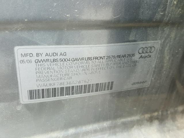 WAUKF78E36A287527 - 2006 AUDI A4 2.0T AV GRAY photo 10