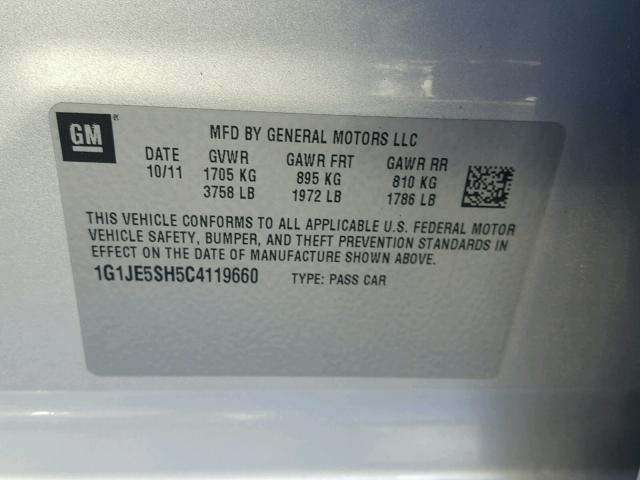 1G1JE5SH5C4119660 - 2012 CHEVROLET SONIC LTZ SILVER photo 10