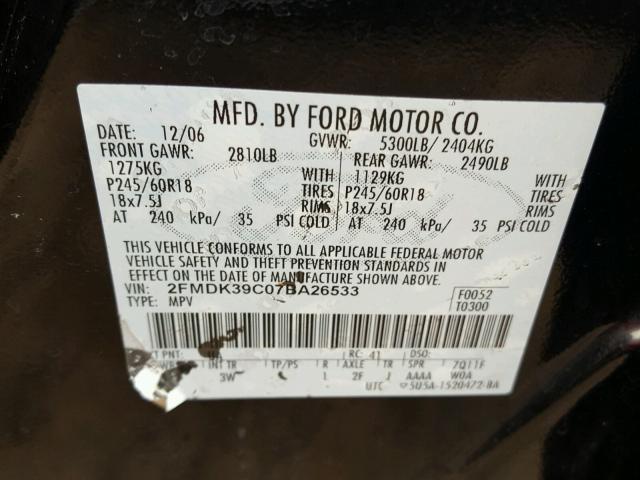 2FMDK39C07BA26533 - 2007 FORD EDGE SEL P BLACK photo 10