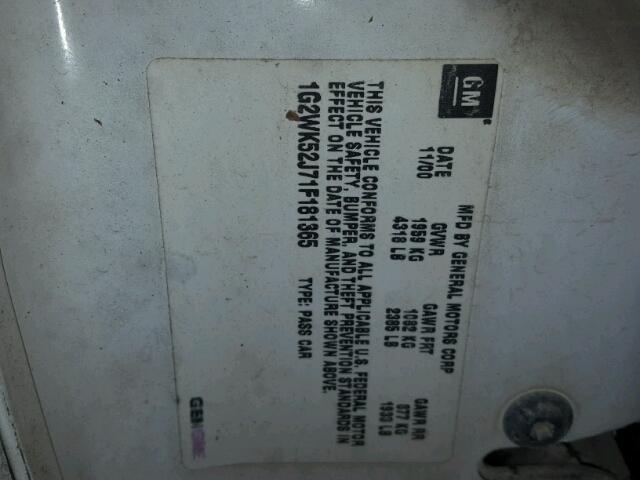 1G2WK52J71F181365 - 2001 PONTIAC GRAND PRIX WHITE photo 10