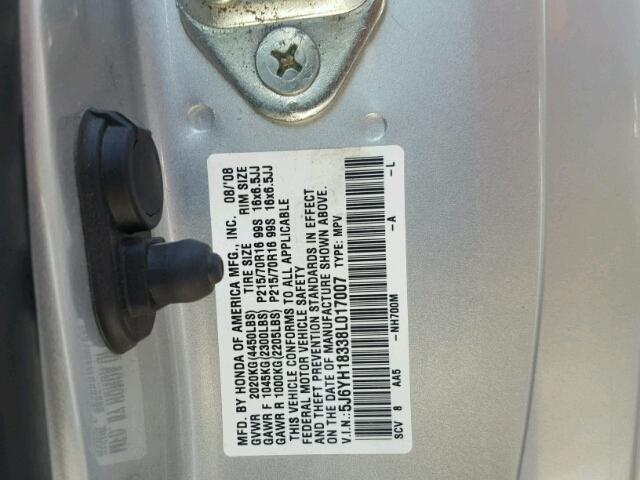 5J6YH18338L017007 - 2008 HONDA ELEMENT LX SILVER photo 10