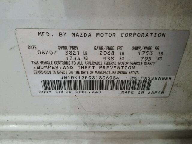 JM1BK12F981806984 - 2008 MAZDA 3 I WHITE photo 10