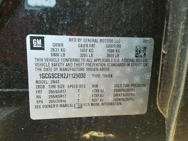 1GCGSCEN2J1129030 - 2018 CHEVROLET COLORADO L BLACK photo 10