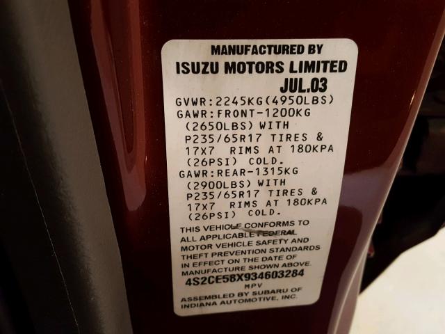 4S2CE58X934603284 - 2003 ISUZU AXIOM XS Qırmızı foto 10