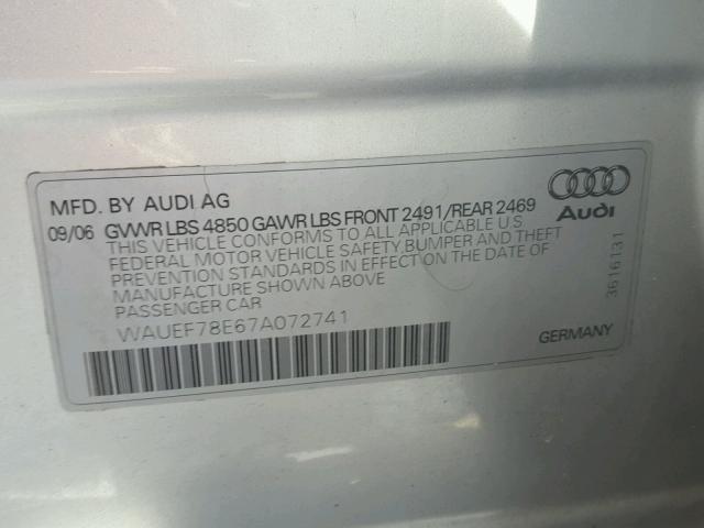 WAUEF78E67A072741 - 2007 AUDI A4 S-LINE SILVER photo 10