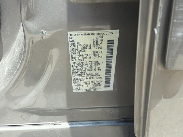 5N1BA08D38N630649 - 2008 NISSAN ARMADA SE GOLD photo 10