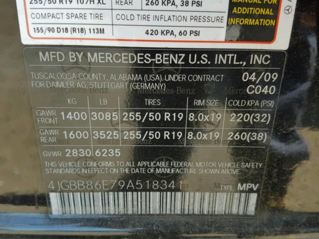 4JGBB86E79A518341 - 2009 MERCEDES-BENZ ML 350 BLACK photo 10