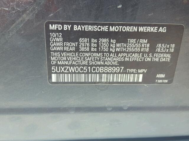 5UXZW0C51C0B88997 - 2012 BMW X5 XDRIVE3 CHARCOAL photo 10