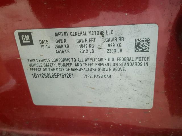 1G11C5SL6EF151261 - 2014 CHEVROLET MALIBU 1LT RED photo 10