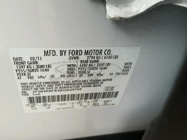 1FMHK8F83BGA25795 - 2011 FORD EXPLORER L WHITE photo 10