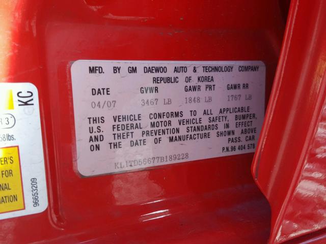 KL1TD56677B189228 - 2007 CHEVROLET AVEO BASE Czerwony zdjęcie 10
