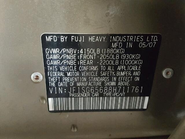 JF1SG65688H711761 - 2008 SUBARU FORESTER 2 BROWN photo 10