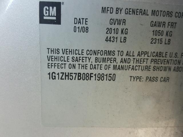 1G1ZH57B08F198150 - 2008 CHEVROLET MALIBU 1LT SILVER photo 10