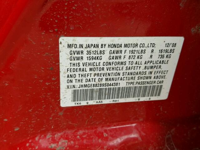 JHMGE88289S044381 - 2009 HONDA FIT RED photo 10