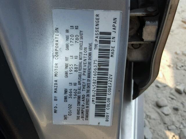 JM1BJ245821606375 - 2002 MAZDA PROTEGE PR SILVER photo 10