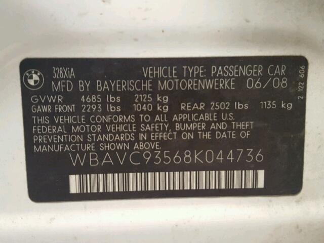 WBAVC93568K044736 - 2008 BMW 328 XI WHITE photo 10