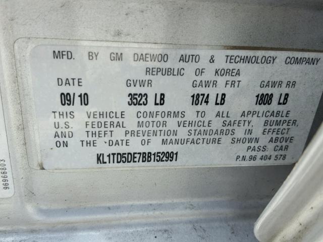 KL1TD5DE7BB152991 - 2011 CHEVROLET AVEO LS GRAY photo 10