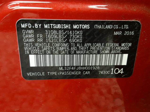 ML32F4FJ8HH001928 - 2017 MITSUBISHI MIRAGE G4 RED photo 10