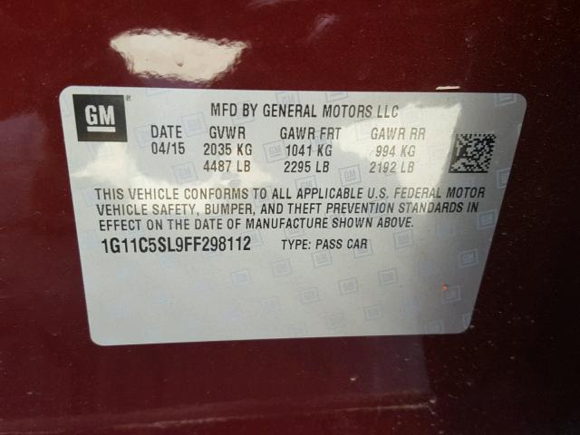 1G11C5SL9FF298112 - 2015 CHEVROLET MALIBU 1LT MAROON photo 10