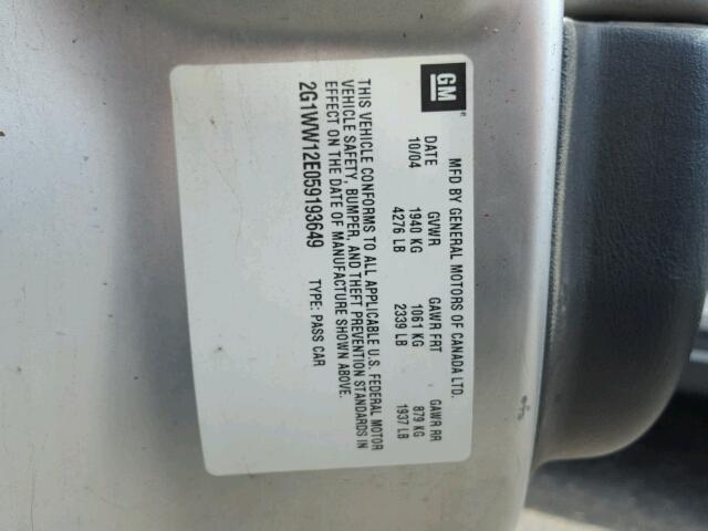 2G1WW12E059193649 - 2005 CHEVROLET MONTE CARL ვერცხლისფერი ფოტო 10