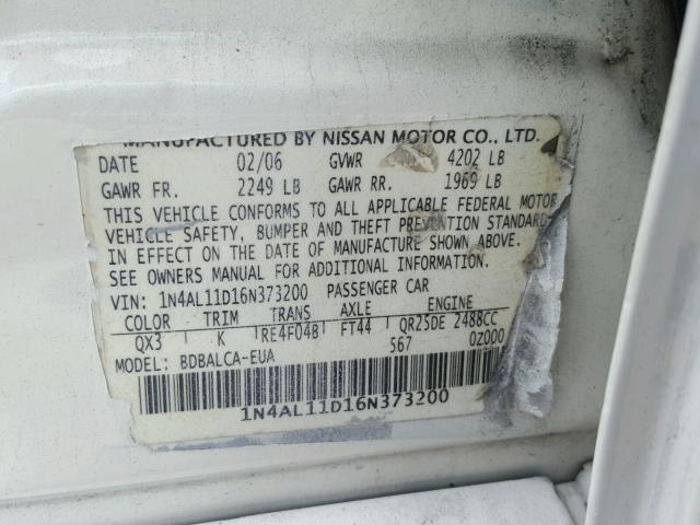 1N4AL11D16N373200 - 2006 NISSAN ALTIMA S WHITE photo 10