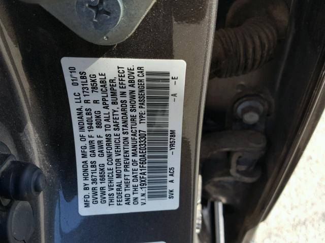19XFA1F60AE033307 - 2010 HONDA CIVIC Մոխրագույն լուսանկար 10
