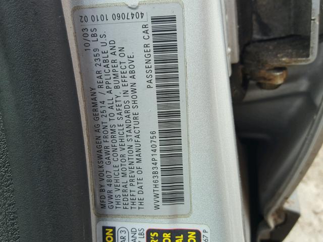 WVWTH63B34P140756 - 2004 VOLKSWAGEN PASSAT GLX 银色 照片 10