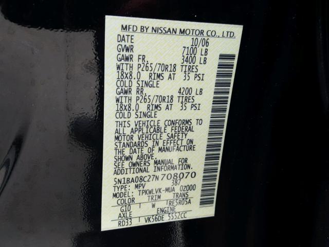 5N1BA08C27N708070 - 2007 NISSAN ARMADA SE BLACK photo 10