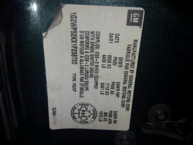 1G2WP52KX1F238720 - 2001 PONTIAC GRAND PRIX მწვანე ფოტო 10