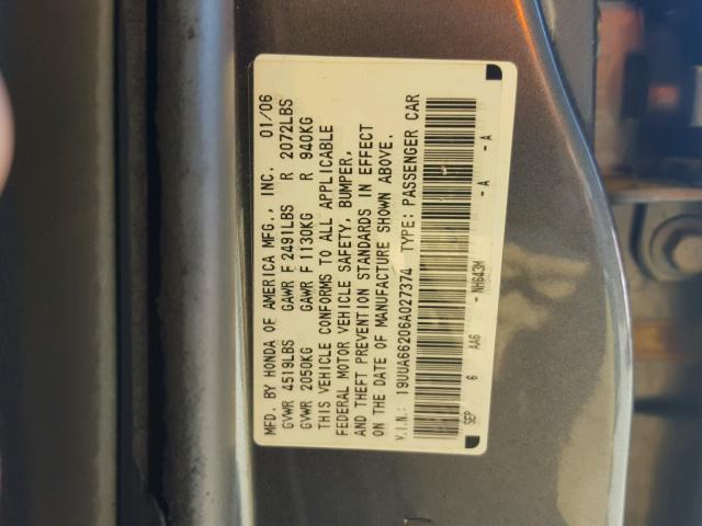 19UUA66206A027374 - 2006 ACURA 3.2TL GRAY photo 10