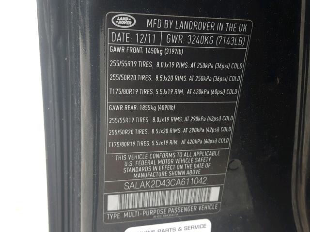 SALAK2D43CA611042 - 2012 LAND ROVER LR4 HSE LU BLACK photo 10