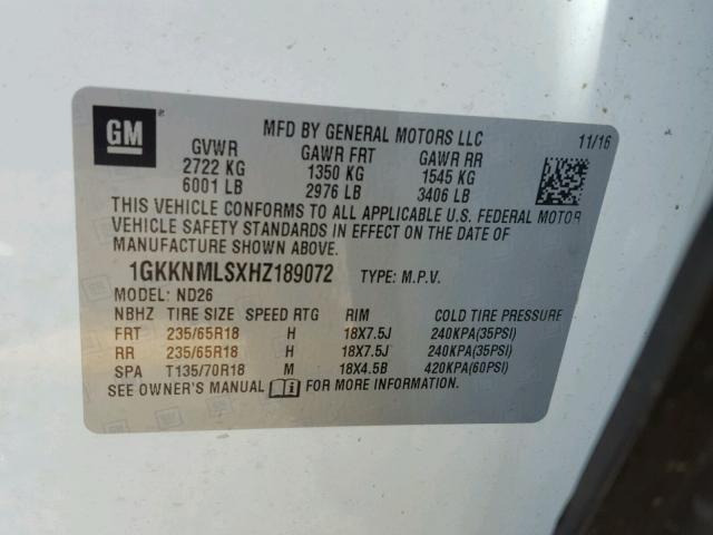 1GKKNMLSXHZ189072 - 2017 GMC ACADIA SLT 白色 照片 10