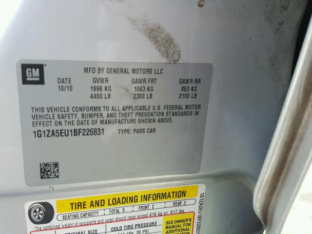 1G1ZA5EU1BF226831 - 2011 CHEVROLET MALIBU LS ვერცხლისფერი ფოტო 10