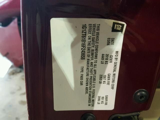 1G1ZT61816F243658 - 2006 CHEVROLET MALIBU MAX MAROON photo 10