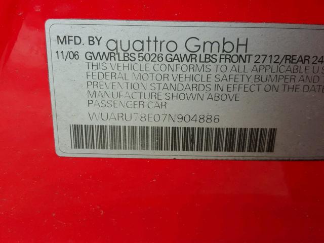 WUARU78E07N904886 - 2007 AUDI RS4 QUATTR RED photo 10